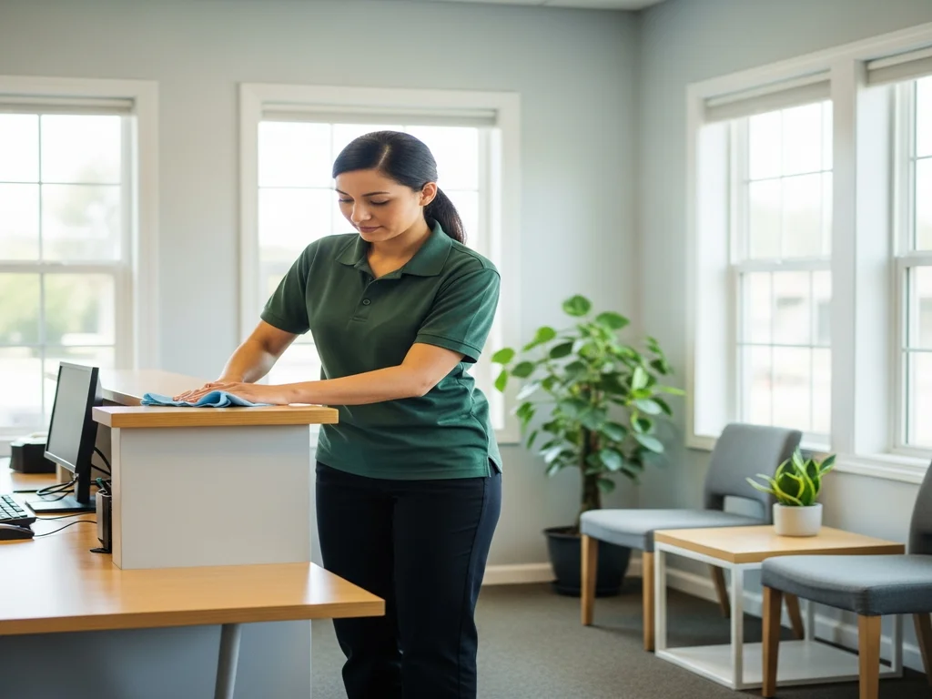 A cleaner working in a small professional office after hours