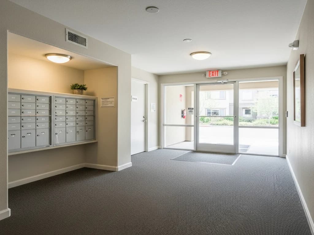 A clean apartment community corridor and shared entry area