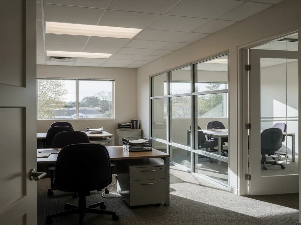 A clean, empty professional office with tidy desks and a conference room