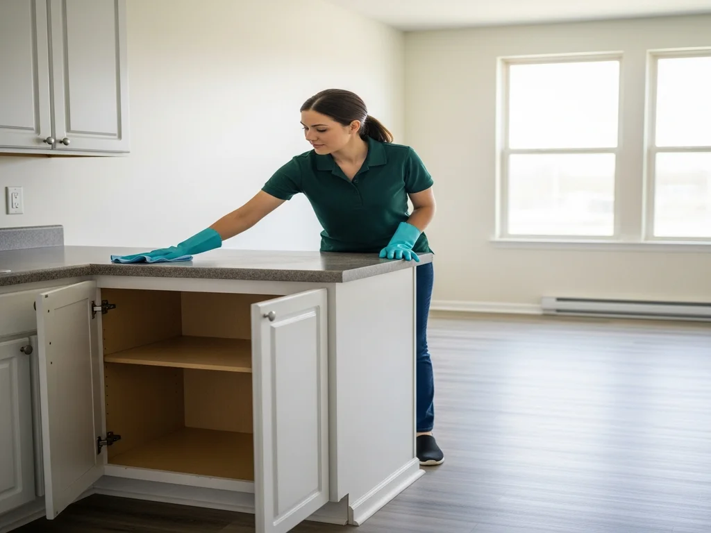 A cleaner preparing an empty apartment unit between tenants