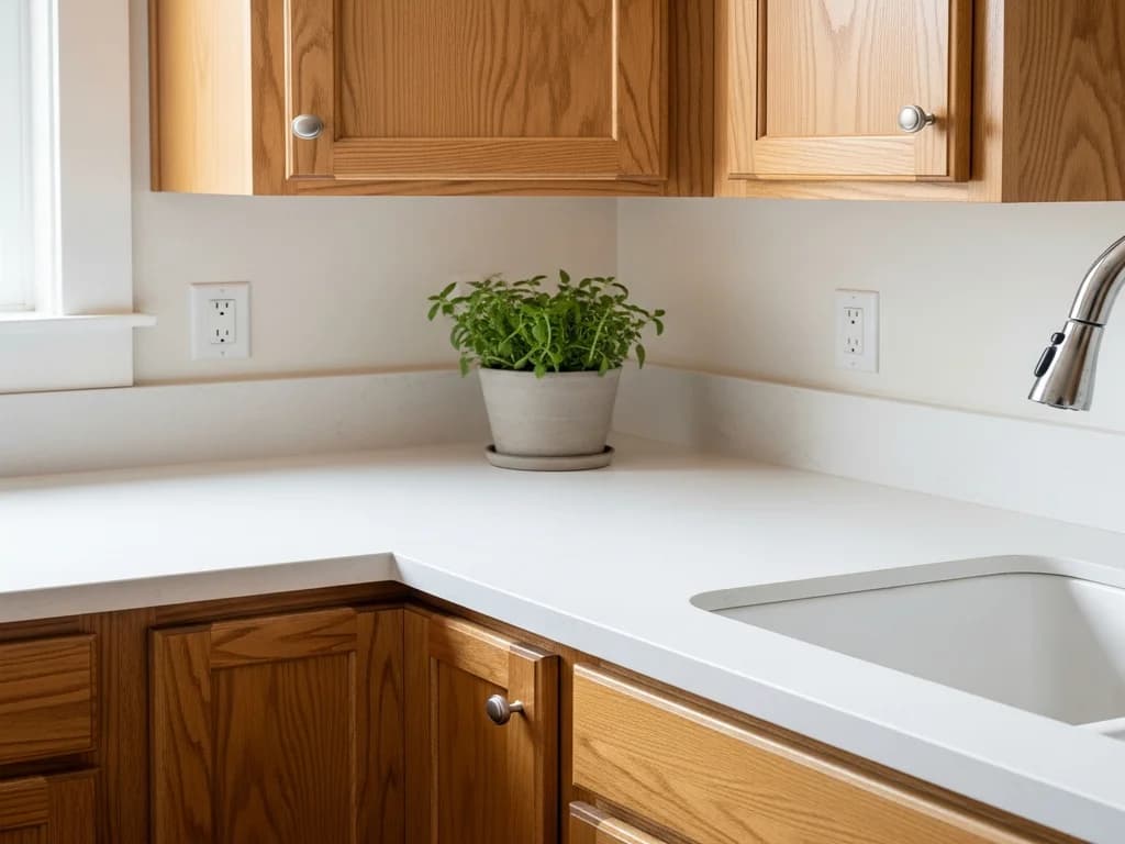 A spotless kitchen counter edge where quartz meets warm oak cabinetry