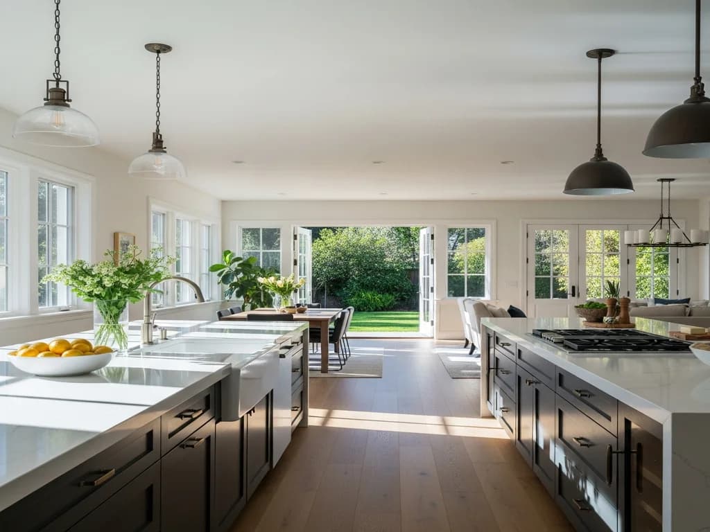 A bright open-plan kitchen and living space with sunlight across clear counters