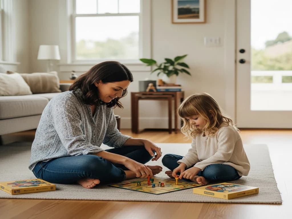 A parent and child playing a board game on the floor of a clean, bright living room