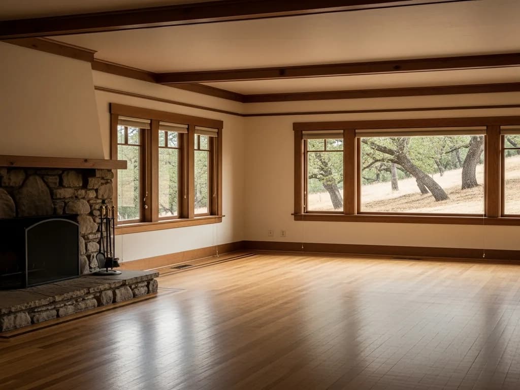 The clean interior of an older foothill-area home with original wood detailing