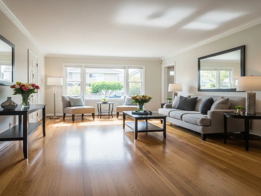 A bright, well-presented living room prepared for listing photography