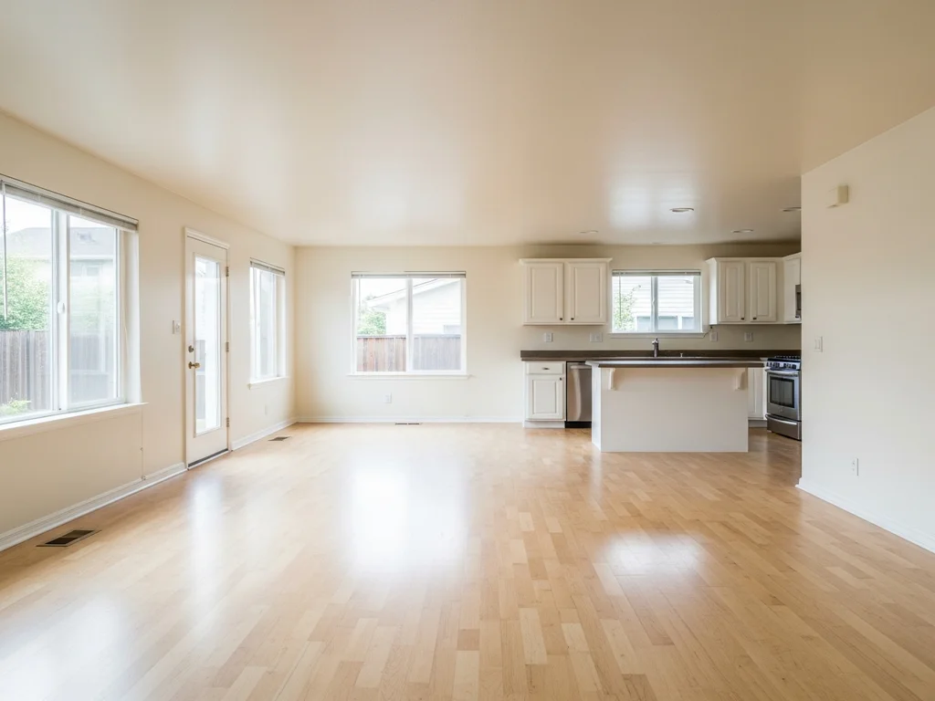 An empty, freshly cleaned living room with bare wood floors and open cabinetry