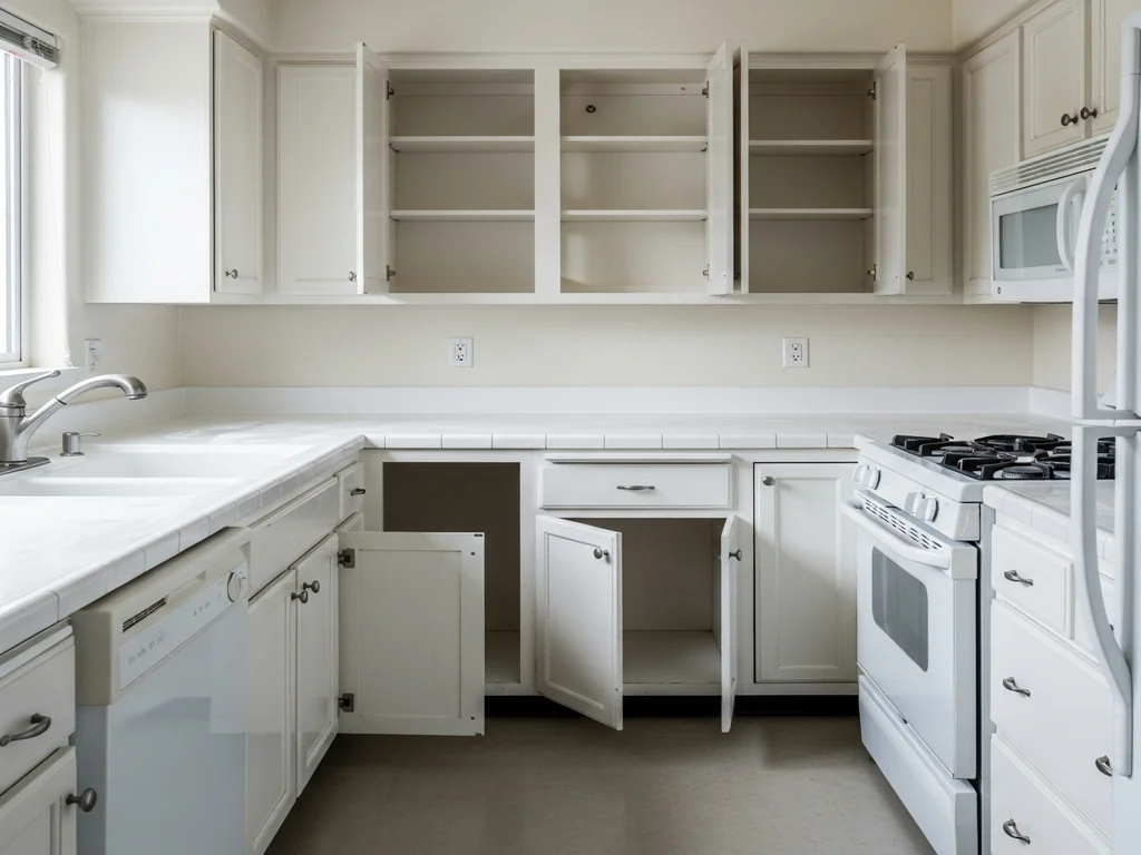 An emptied kitchen with cleared counters and open, empty cabinets