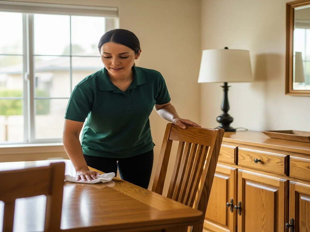 A cleaner wiping down surfaces in a tidy residential dining area