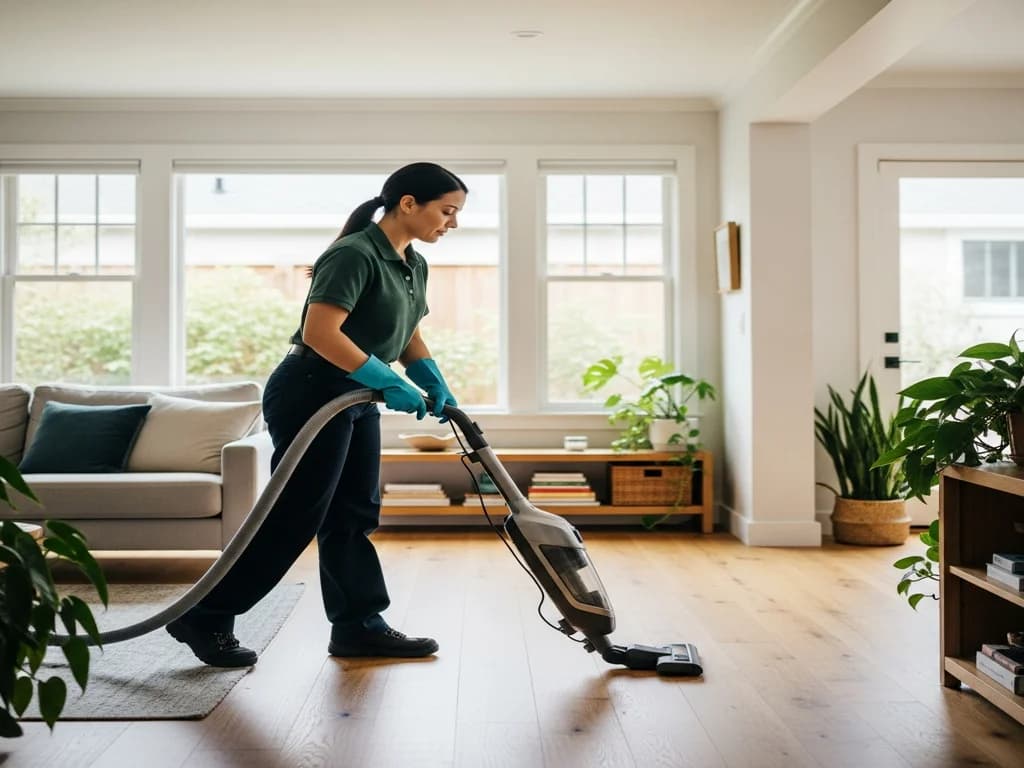 A cleaner vacuuming the wood floor of a bright, tidy living room